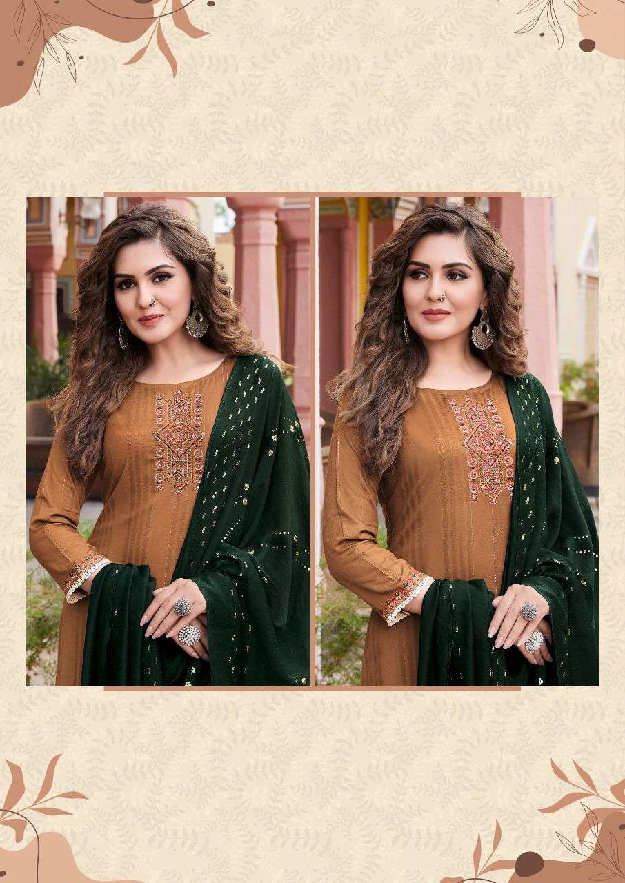 INAYA VOL 1 BY KEELOO BRAND PRESENTS 14 KG HEAVY RAYON STRIPE WITH DOBBY WITH HEAVY EMBROIDERY & KHATLI WORK KURTI WITH RAYON SLUB LYCRA  PANT AND HEAVY CHANDERI DUPATTA - 1003-C